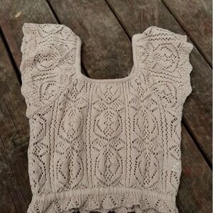 Freshman 1996 Cream Pointelle Knit Flutter Sleeve Square Neck Crochet Top Small